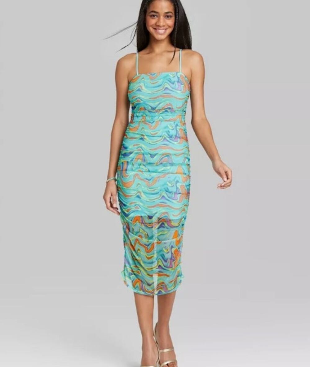 Wild Fable Mesh Ruched Midi Dress Blue Abstract Wave Print NWT Small